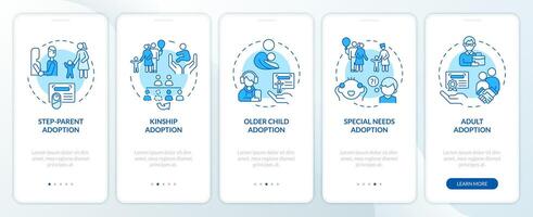 Adoption options blue onboarding mobile app screen. Child custody walkthrough 5 steps editable graphic instructions with linear concepts. UI, UX, GUI template vector