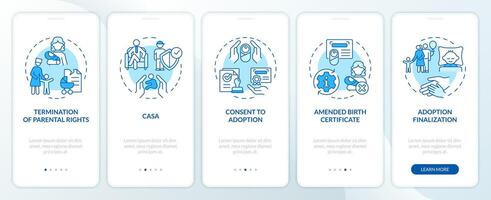 Adoption laws blue onboarding mobile app screen. Legal process walkthrough 5 steps editable graphic instructions with linear concepts. UI, UX, GUI template vector