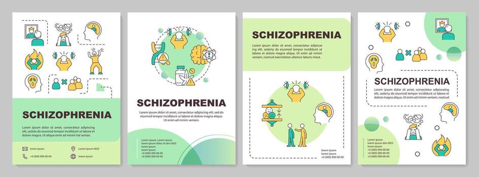 Schizophrenia green circle brochure template. Leaflet design with linear icons. Editable 4 vector layouts for presentation, annual reports