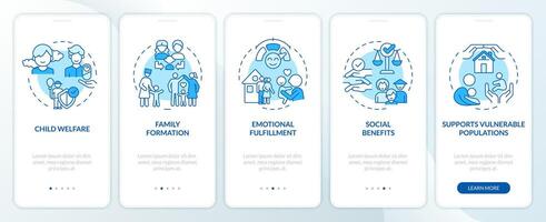 Benefits of adoption blue onboarding mobile app screen. Reasons walkthrough 5 steps editable graphic instructions with linear concepts. UI, UX, GUI template vector