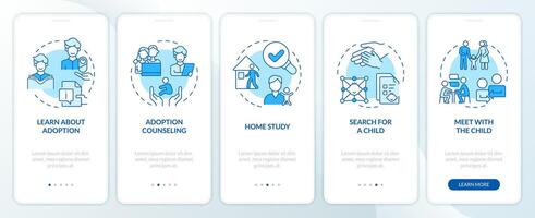 Adoption process blue onboarding mobile app screen. Preparation walkthrough 5 steps editable graphic instructions with linear concepts. UI, UX, GUI template vector