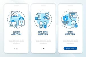 Adoption categories blue onboarding mobile app screen. Child custody walkthrough 3 steps editable graphic instructions with linear concepts. UI, UX, GUI template vector