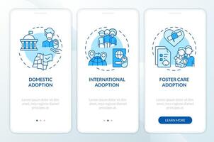 Types of adoption blue onboarding mobile app screen. Child custody walkthrough 3 steps editable graphic instructions with linear concepts. UI, UX, GUI template vector