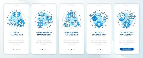 Network management functions blue onboarding mobile app screen. Walkthrough 5 steps editable graphic instructions with linear concepts. UI, UX, GUI template vector