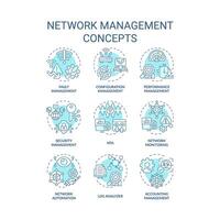 Network management soft blue concept icons. System architecture, performance monitoring. Network automation, log analyzer. Icon pack. Vector images. Round shape illustrations. Abstract idea