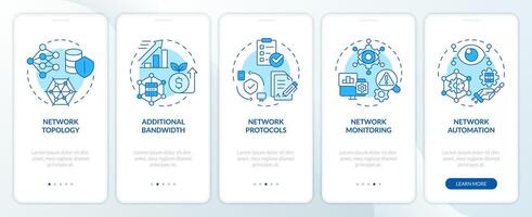 Practices for managing networks blue onboarding mobile app screen. Walkthrough 5 steps editable graphic instructions with linear concepts. UI, UX, GUI template vector