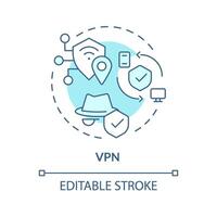 vpn conexión tipo suave azul concepto icono. la seguridad cibernética datos proteccion. red vulnerabilidad seguridad supervisión. redondo forma línea ilustración. resumen idea. gráfico diseño. fácil a utilizar vector