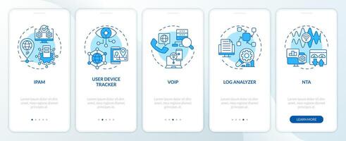 Network management software blue onboarding mobile app screen. Walkthrough 5 steps editable graphic instructions with linear concepts. UI, UX, GUI template vector