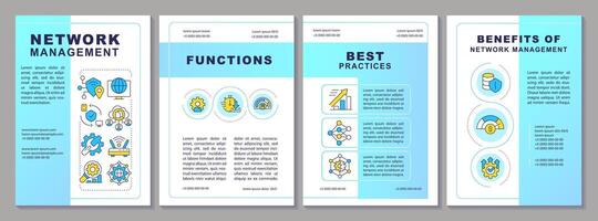 Network infrastructure management blue brochure template. Leaflet design with linear icons. Editable 4 vector layouts for presentation, annual reports