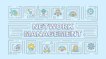 Network management turquoise word concept. Infrastructure administration. Typography banner. Flat design. Vector illustration with title text, editable line icons. Ready to use