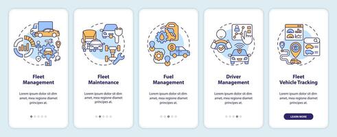 Fleet management onboarding mobile app screen. Vehicle maintenance. Walkthrough 5 steps editable graphic instructions with linear concepts. UI, UX, GUI template vector