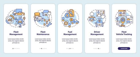 Fleet management onboarding mobile app screen. Vehicle maintenance. Walkthrough 5 steps editable graphic instructions with linear concepts. UI, UX, GUI template vector