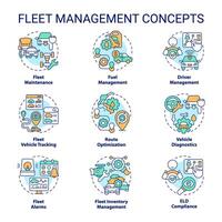 Fleet management multi color concept icons. Vehicle maintenance. Efficiency monitoring, inventory control. Operational cost reduce. Icon pack. Vector images. Round shape illustrations. Abstract idea