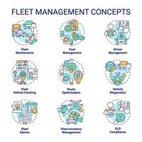 Fleet management multi color concept icons. Vehicle maintenance. Efficiency monitoring, inventory control. Operational cost reduce. Icon pack. Vector images. Round shape illustrations. Abstract idea