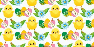 Seamless Easter pattern with spring flowers, cute chickens, painted eggs. The cheerful Easter design for background, digital paper, wallpaper, fabric. Seamless pattern. Vector illustration.