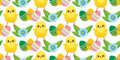 Seamless Easter pattern with spring flowers, cute chickens, painted eggs. The cheerful Easter design for background, digital paper, wallpaper, fabric. Seamless pattern. Vector illustration.