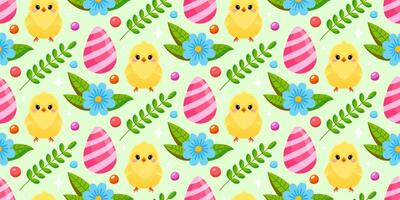Cute floral Easter pattern with yellow chickens and colored eggs. The cheerful Easter design for background, digital paper, wallpaper, fabric. Seamless pattern. Vector illustration.