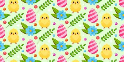 Cute floral Easter pattern with yellow chickens and colored eggs. The cheerful Easter design for background, digital paper, wallpaper, fabric. Seamless pattern. Vector illustration.