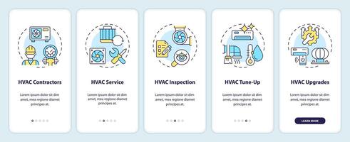 Basic HVAC Services and Improvements onboarding mobile app screen. Walkthrough 5 steps editable graphic instructions with linear concepts. UI, UX, GUI template vector