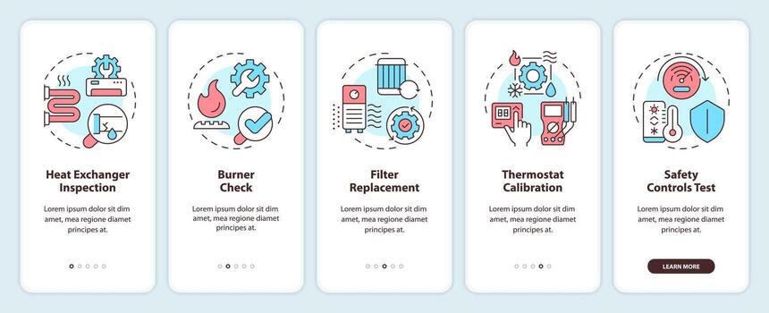 Heating inspection onboarding mobile app screen. HVAC walkthrough 5 steps editable graphic instructions with linear concepts. UI, UX, GUI template vector