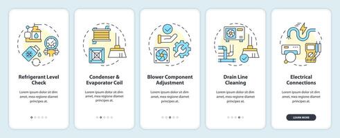 Air conditioning inspection onboarding mobile app screen. Walkthrough 5 steps editable graphic instructions with linear concepts. UI, UX, GUI template vector