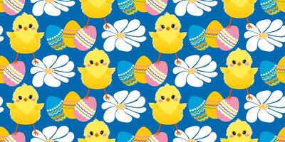 Cute spring pattern with Easter eggs, flowers, chickens. The cheerful Easter design for background, digital paper, wallpaper, fabric. Seamless pattern. Vector illustration.