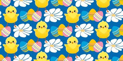 Cute spring pattern with Easter eggs, flowers, chickens. The cheerful Easter design for background, digital paper, wallpaper, fabric. Seamless pattern. Vector illustration.