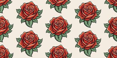 Elegant seamless pattern of stylized red roses with green leaves on a beige background. Seamless hand drawn rose pattern background. For textile, wallpaper, and crafting projects. Vector illustration.