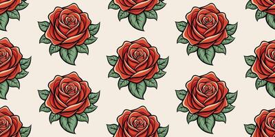 Elegant seamless pattern of stylized red roses with green leaves on a beige background. Seamless hand drawn rose pattern background. For textile, wallpaper, and crafting projects. Vector illustration.