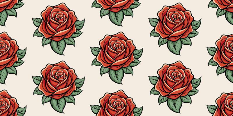 Elegant seamless pattern of stylized red roses with green leaves on a beige background. Seamless hand drawn rose pattern background. For textile, wallpaper, and crafting projects. Vector illustration.