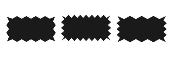 Rectangle with zig zag edge.A set of uneven zigzag rectangular shapes. Black color. Isolated elements for design of text box, button, badge, banner, tag, sticker, badge. Vector illustration.