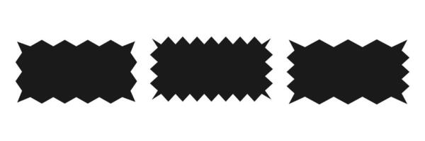 Rectangle with zig zag edge.A set of uneven zigzag rectangular shapes. Black color. Isolated elements for design of text box, button, badge, banner, tag, sticker, badge. Vector illustration.