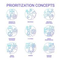 Prioritization techniques blue gradient concept icons. Time management. Icon pack. Vector images. Round shape illustrations for infographic, brochure, booklet, promotional material. Abstract idea