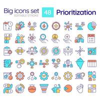 Prioritization RGB color icons set. Time management. Task organization. Pareto principle, process optimization. Isolated vector illustrations. Simple filled line drawings collection. Editable stroke