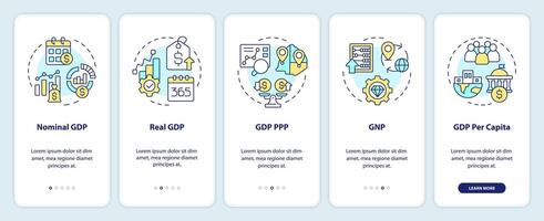 Macroeconomic indicators onboarding mobile app screen. Walkthrough 5 steps editable graphic instructions with linear concepts. UI, UX, GUI template vector