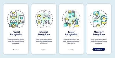 Types of employee recognition onboarding mobile app screen. Walkthrough 4 steps editable graphic instructions with linear concepts. UI, UX, GUI template vector