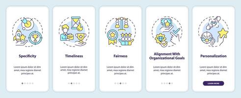 Employee recognition criteria onboarding mobile app screen. Walkthrough 5 steps editable graphic instructions with linear concepts. UI, UX, GUI template vector