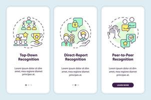 Employee recognition forms onboarding mobile app screen. Walkthrough 3 steps editable graphic instructions with linear concepts. UI, UX, GUI template vector