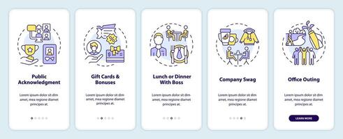 Employee recognition ideas onboarding mobile app screen. Walkthrough 5 steps editable graphic instructions with linear concepts. UI, UX, GUI template vector