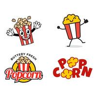 Set of Popcorn logo badge with illustration of popcorn in bucket isolated on white background vector