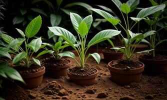 AI generated plants growing from soil, plant progress, growing plant, grow up from ground photo