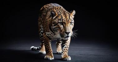 AI generated jaguar animal on black background, jaguar portrait , beautiful shot of an african leopard, jaguar photo