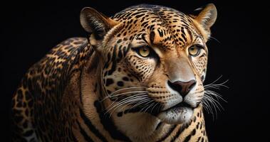 AI generated jaguar animal on black background, jaguar portrait , beautiful shot of an african leopard, jaguar photo