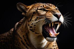 ai generado jaguar animal en negro fondo, jaguar retrato , hermosa Disparo de un africano leopardo, jaguar foto