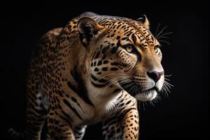 AI generated jaguar animal on black background, jaguar portrait , beautiful shot of an african leopard, jaguar photo