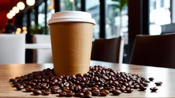 AI generated coffee cup mockup design, coffee cup mockup on coffee beans, hot coffee background, blank coffee cup mockups, paper coffee bags photo