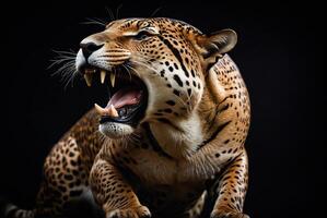 AI generated jaguar animal on black background, jaguar portrait , beautiful shot of an african leopard, jaguar photo