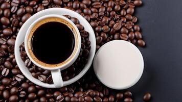 AI generated cup coffee beans, hot coffee, espresso coffee cup with beans, coffee bean background photo