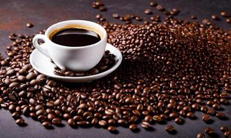 AI generated cup coffee beans, hot coffee, espresso coffee cup with beans, coffee bean background photo