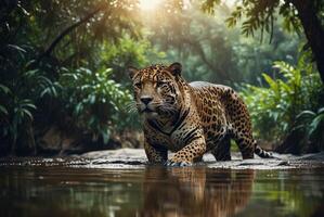 ai generado jaguar - animal, jaguar en el selva, hermosa Disparo de un africano leopardo - jaguar foto